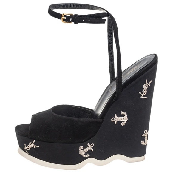 Saint Laurent Suede Cassandra Logo Ankle Strap Wedge - 8 US, Black fits 7.5 US - Picture 15 of 16